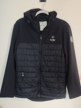 Hurley Puffer Hooded Jacket Mens L Black Softshell Fleece Lined Stretch Full Zip